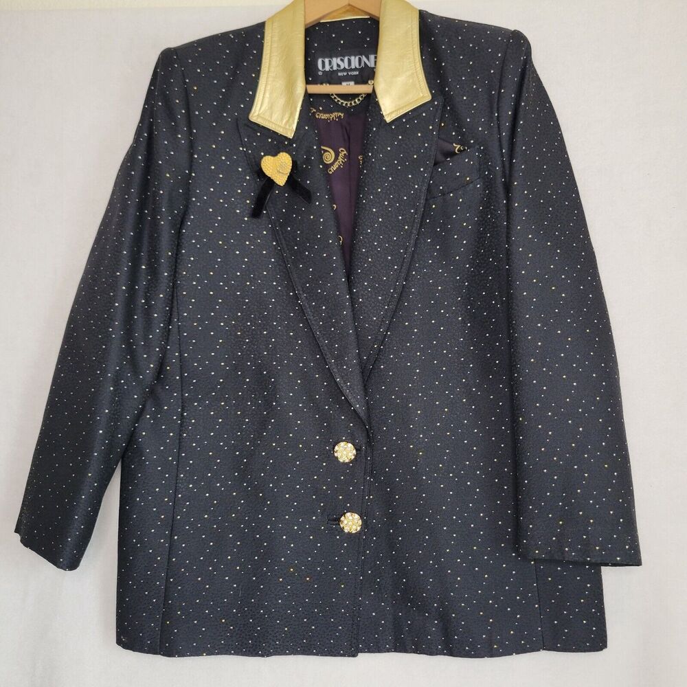 Vintage 80s Criscione New York Black Gold Leather Blazer Jacket Size Medium